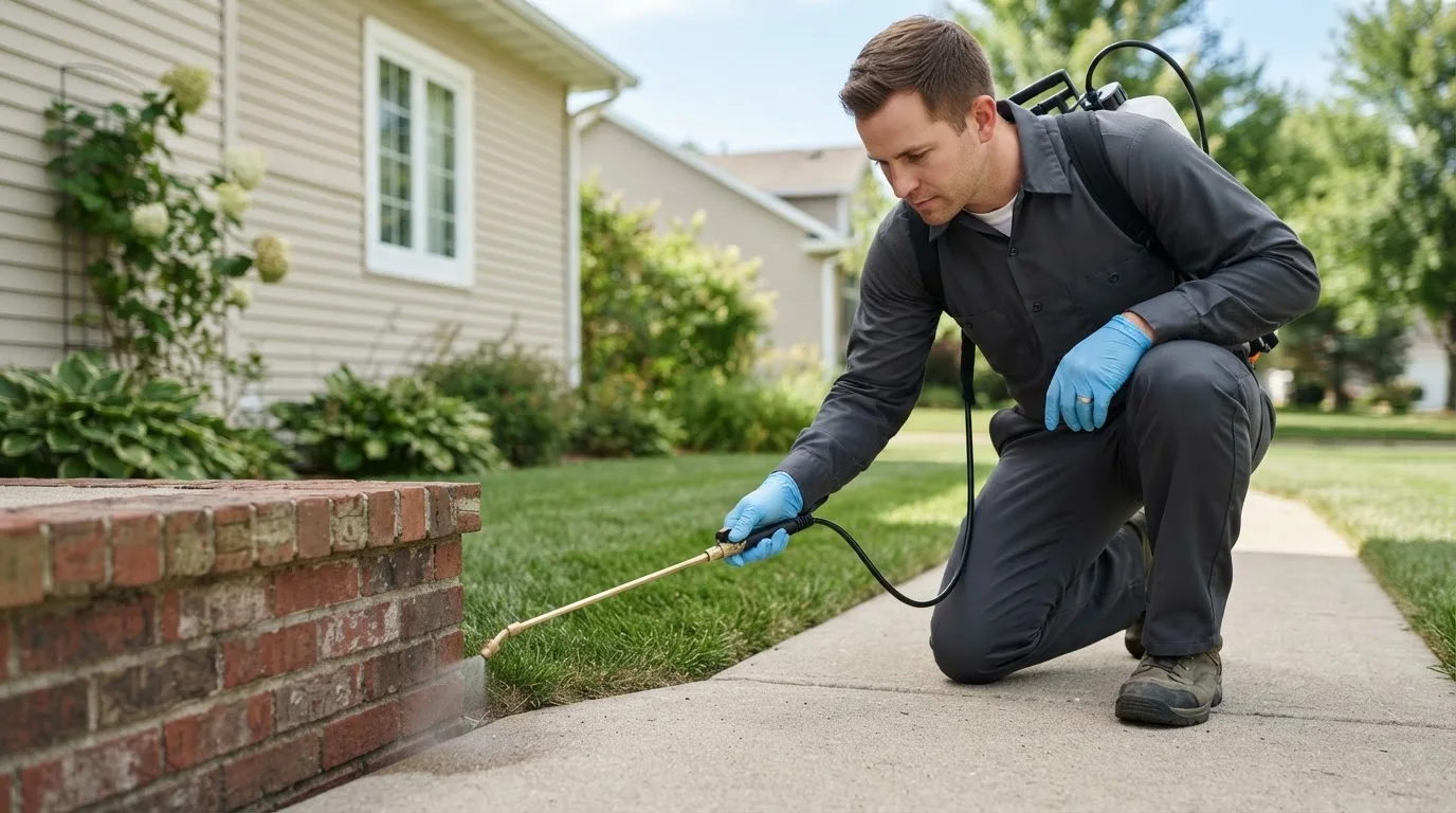 Pest control technician treating a home near North Plains, OR